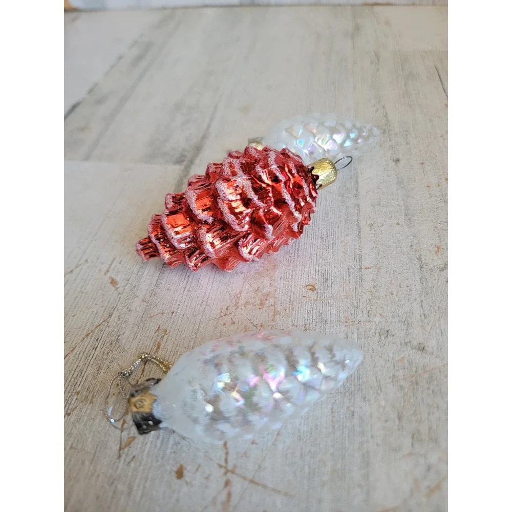 Vintage glass white clear red pinecone glitter ornament Xmas set mini home fall